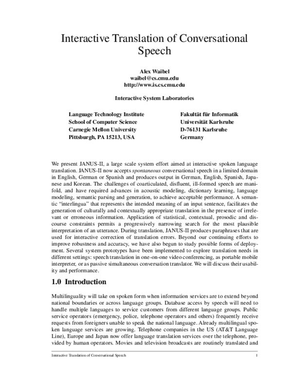 (PDF) Interactive translation of conversational speech