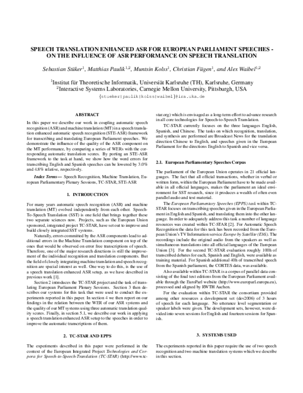 (PDF) Speech Translation Enhanced ASR for European Parliament Speeches ...