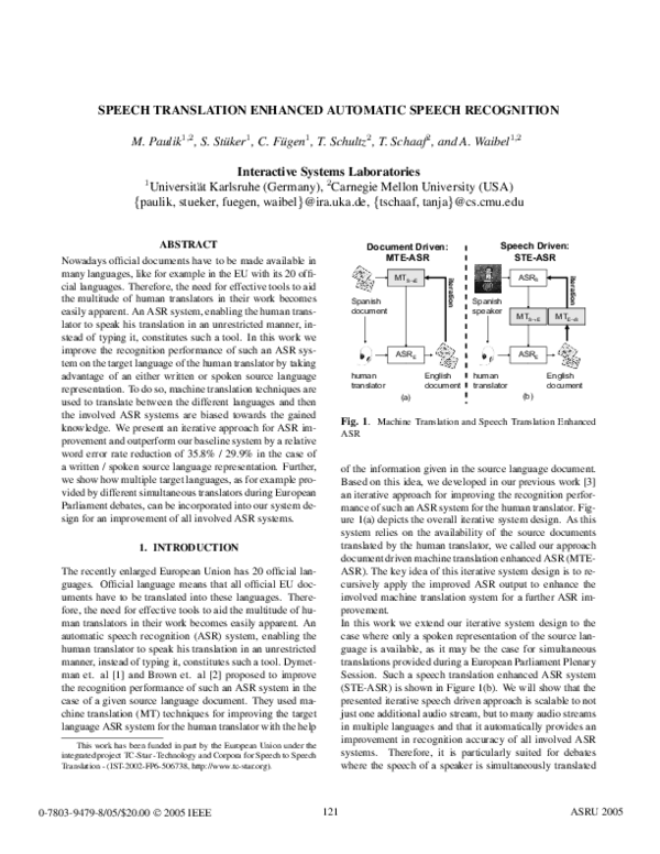 (PDF) Speech translation enhanced automatic speech recognition