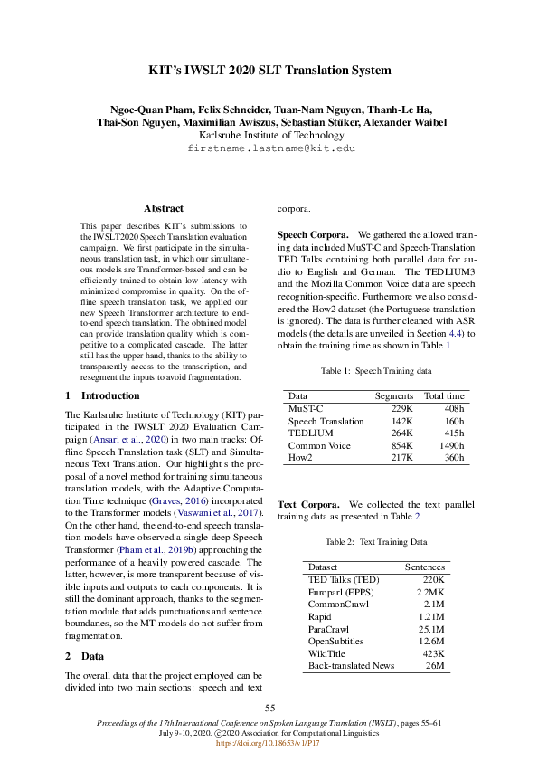 (PDF) KIT’s IWSLT 2020 SLT Translation System