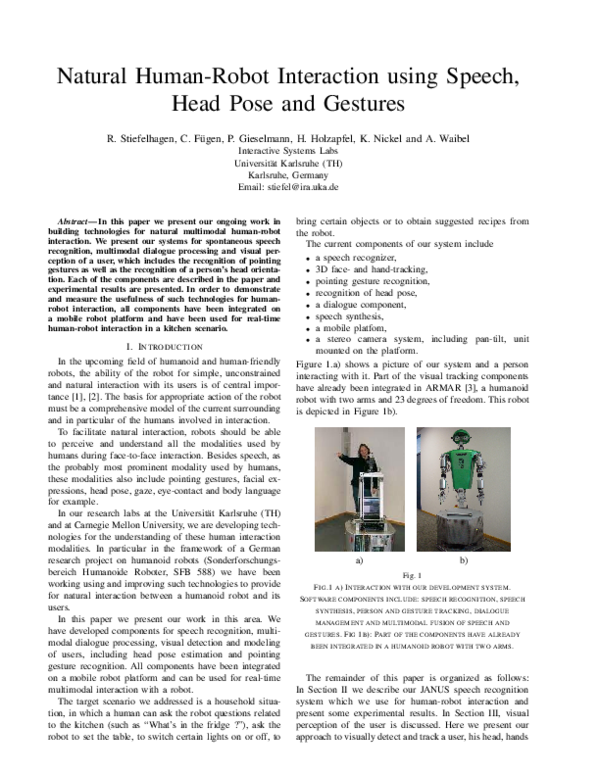 (PDF) Natural human-robot interaction using speech, head pose and gestures
