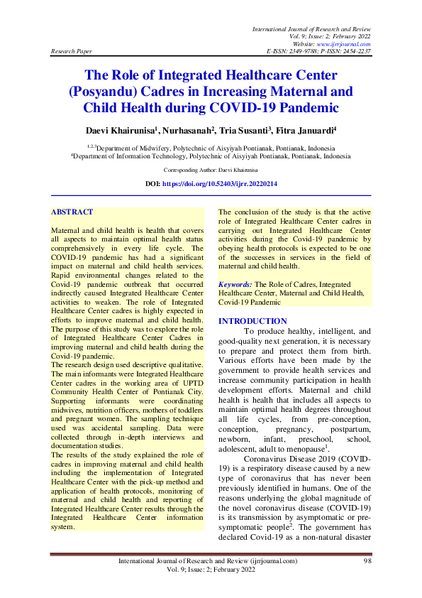 (PDF) The Role of Integrated Healthcare Center (Posyandu) Cadres in ...