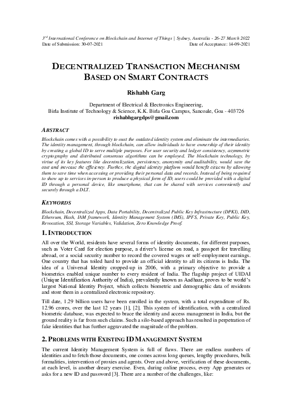 (PDF) Decentralized Transaction Mechanism based on Smart Contracts