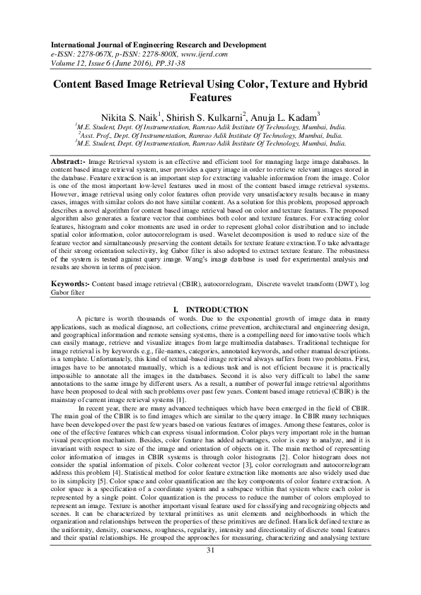 (PDF) Content Based Image Retrieval Using Color , Texture And Hybrid ...
