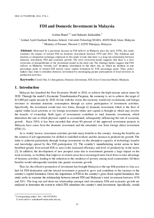 (PDF) FDI and Domestic Investment in Malaysia