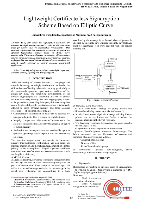 (PDF) Lightweight Certificate less Signcryption Scheme based on ...