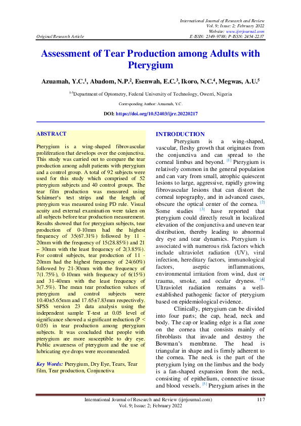 (PDF) Assessment of Tear Production among Adults with Pterygium
