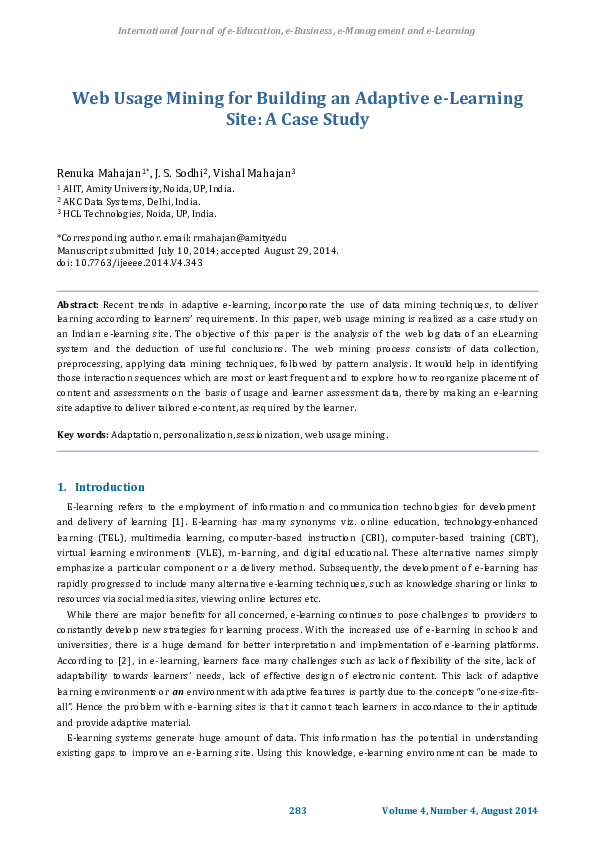 (PDF) Web Usage Mining for Building an Adaptive e-Learning Site: A Case ...
