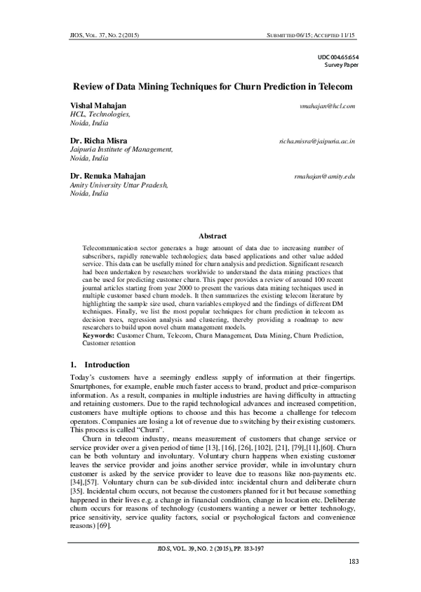 (PDF) Review of Data Mining Techniques for Churn Prediction in Telecom