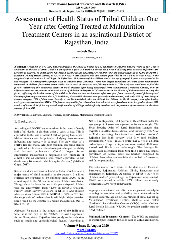 (PDF) Assessment of Health Status of Tribal Children One Year after ...