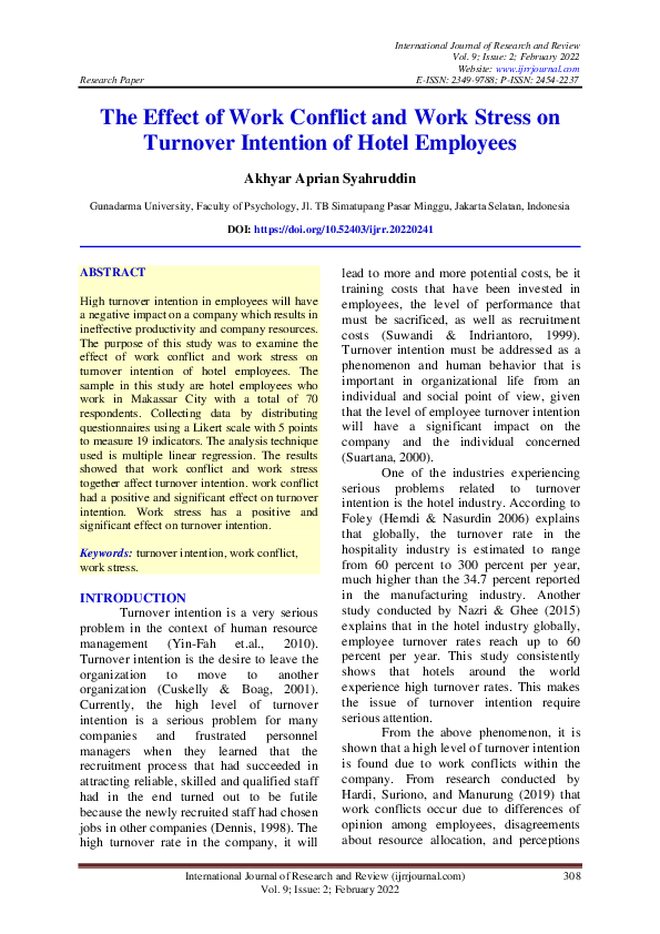 (PDF) The Effect of Work Conflict and Work Stress on Turnover Intention ...