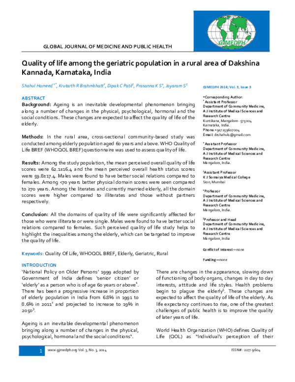 (PDF) Quality of life among the geriatric population in a rural area of ...
