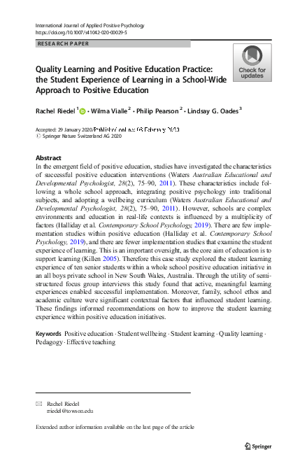 (PDF) Quality Learning and Positive Education Practice: the Student ...