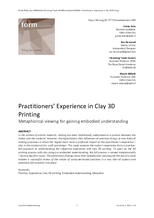 (PDF) Practitioners’ Experience in Clay 3D Printing