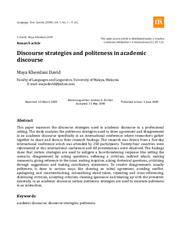 (PDF) Discourse Strategies and Politeness in Academic Discourse