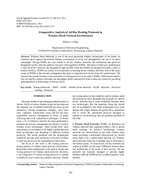 (PDF) Comparative Analysis of Ad Hoc Routing Protocols in Wireless Mesh ...