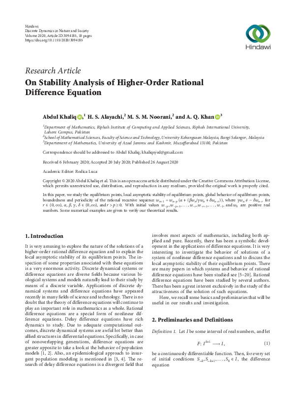 (PDF) On Stability Analysis of Higher-Order Rational Difference Equation