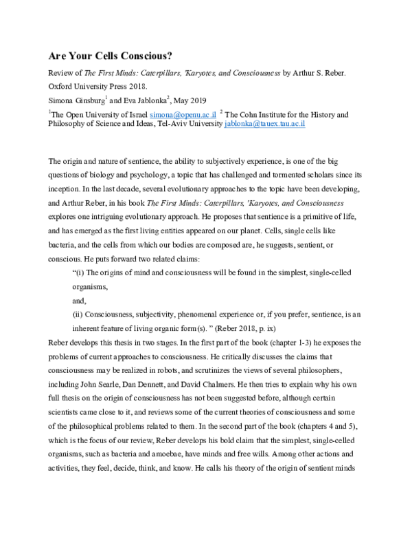 Are Your Cells Conscious ? Review of The First Minds : Caterpillars , ' Karyotes , and Consciousness
