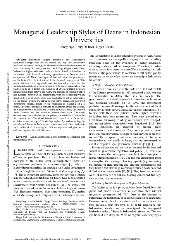 (PDF) Managerial Leadership Styles Of Deans In Indonesian Universities