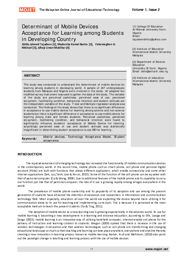 (PDF) Determinant of Mobile Devices Acceptance for Learning among ...