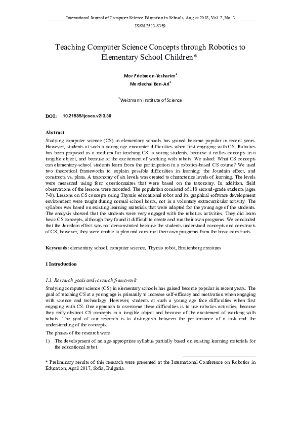 (PDF) Teaching Computer Science Concepts Through Robotics to Elementary ...