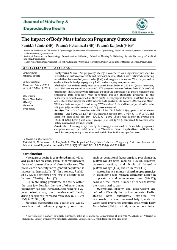 The Impact of Body Mass Index on Pregnancy Outcome