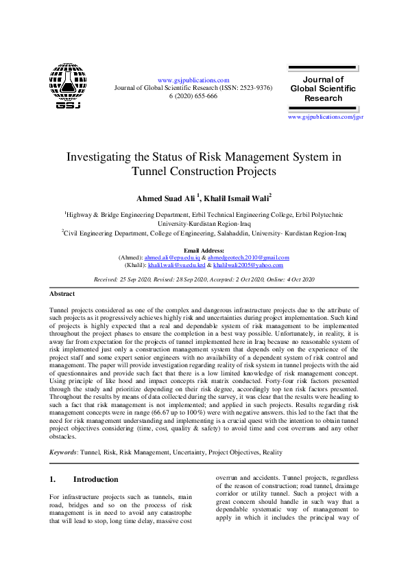 (PDF) Investigating the Status of Risk Management System in Tunnel ...