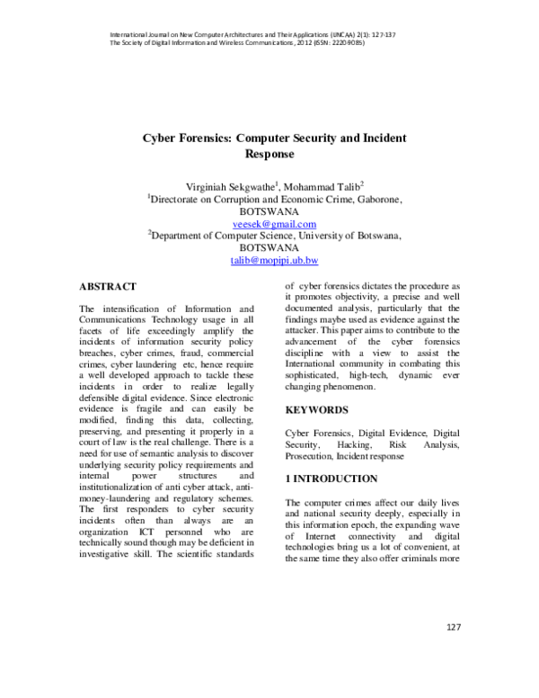 (PDF) Cyber Forensics: Computer Security and Incident Response
