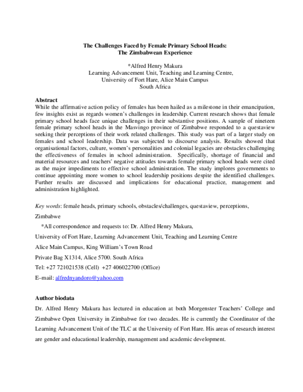 (PDF) The Challenges Faced by Female Primary School Heads: The ...