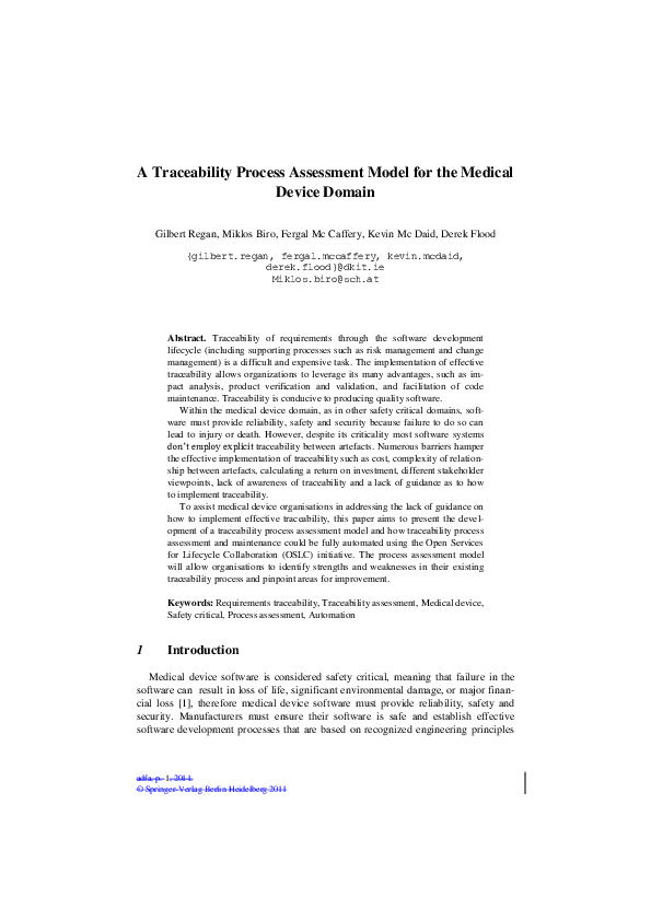 (PDF) A Traceability Process Assessment Model for the Medical Device Domain