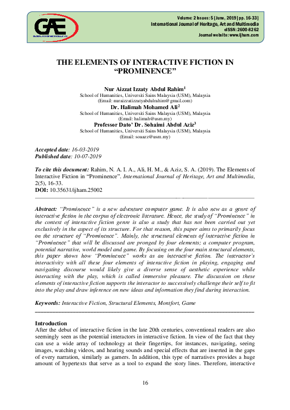 (PDF) The Elements of Interactive Fiction in “Prominence”
