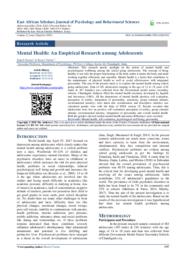 (PDF) Mental Health: An Empirical Research among Adolescents