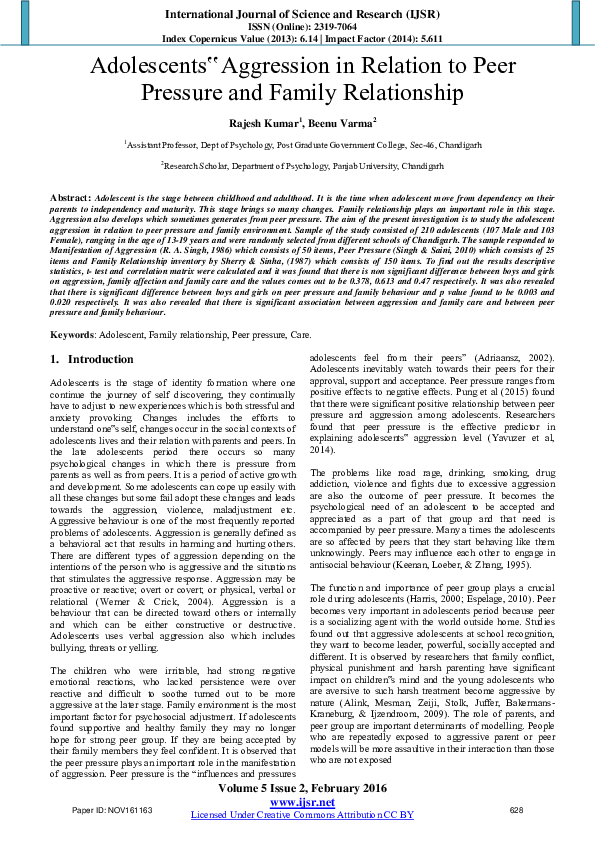 (PDF) Adolescents‟ Aggression in Relation to Peer Pressure and Family ...