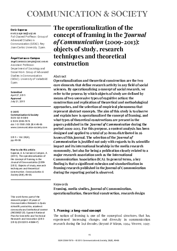 (PDF) The operationalization of the concept of framing in the Journal ...