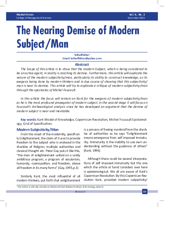 (PDF) The Nearing Demise of Modern Subject/Man