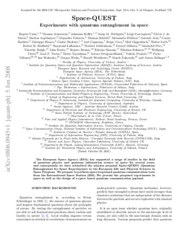(PDF) Experiments with quantum entanglement in space