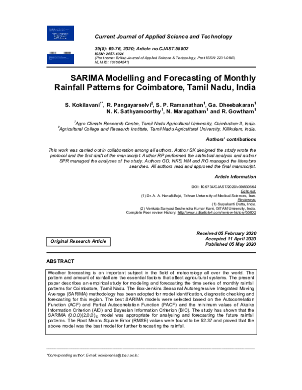 (PDF) SARIMA Modelling and Forecasting of Monthly Rainfall Patterns for ...