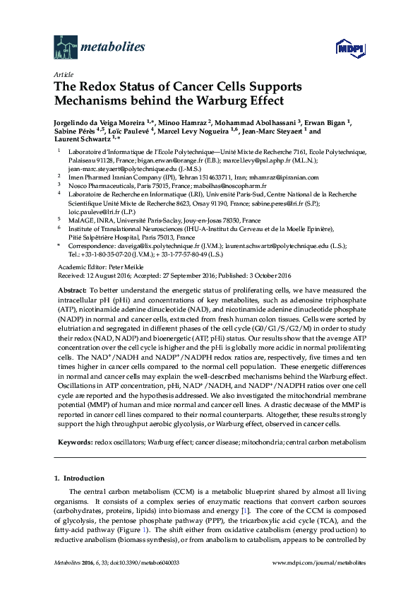 (PDF) The Redox Status of Cancer Cells Supports Mechanisms behind the ...