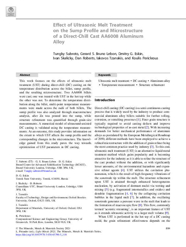 (PDF) Effect of Ultrasonic Melt Treatment on the Sump Profile and ...