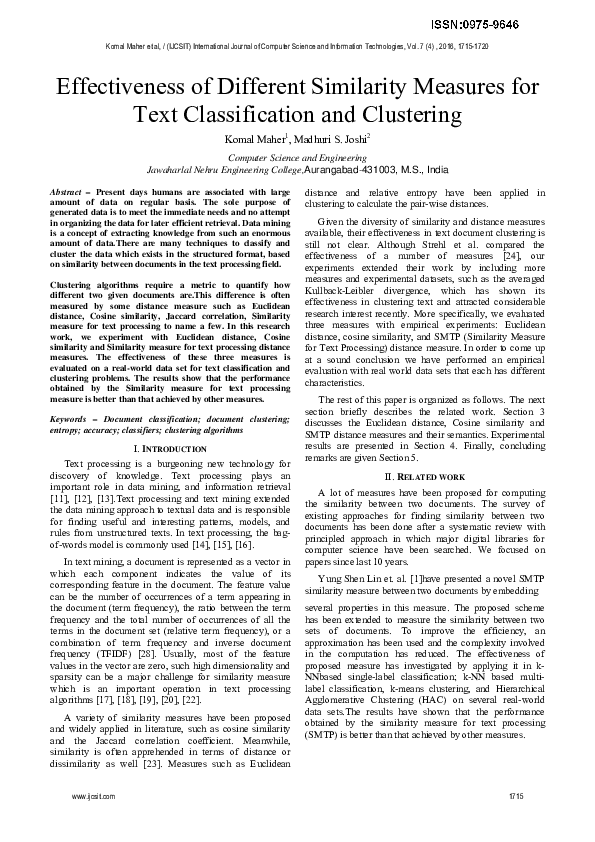 (PDF) Effectiveness of Different Similarity Measures for Text ...