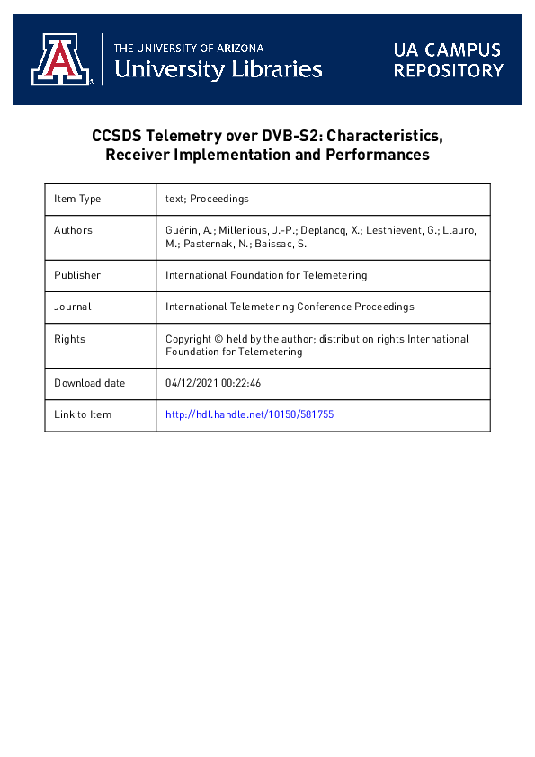 (PDF) CCSDS Telemetry over DVB-S2: Characteristics, Receiver ...