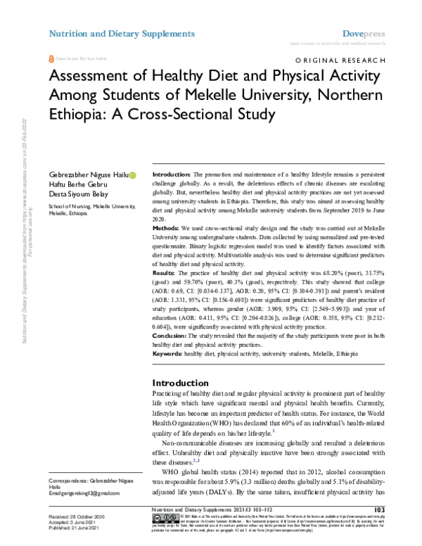 (PDF) Assessment of Healthy Diet and Physical Activity Among Students ...