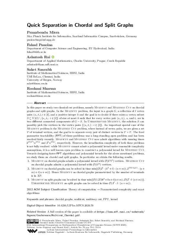 (PDF) Quick Separation in Chordal and Split Graphs