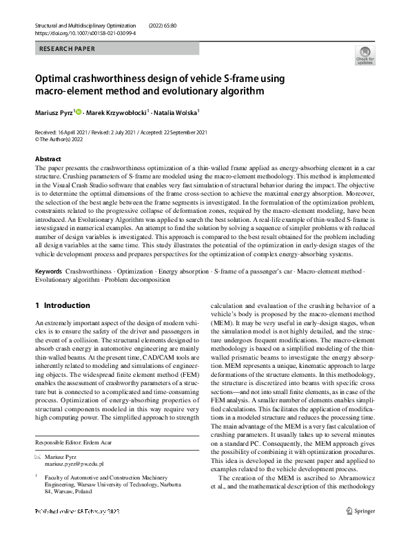 (PDF) Optimal crashworthiness design of vehicle S-frame using macro ...
