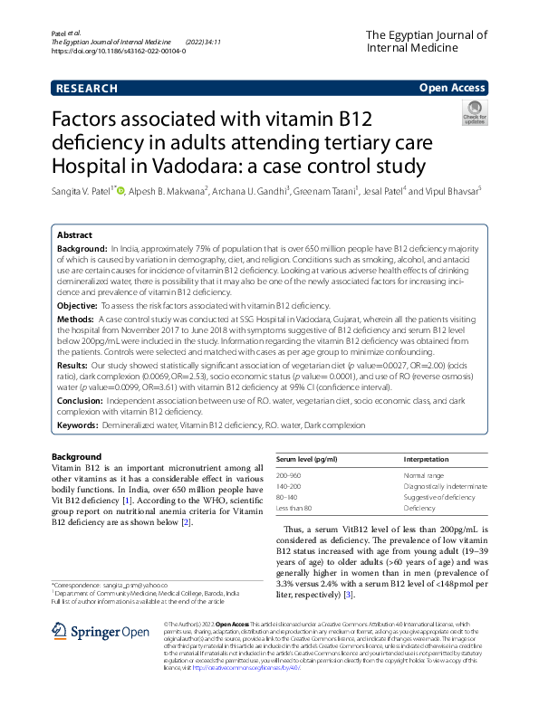 PDF) Factors associated with vitamin B12 deficiency in adults attending  tertiary care Hospital in Vadodara: a case control study