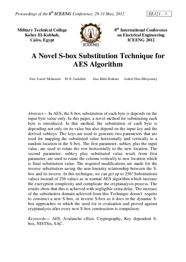 (PDF) A Novel S-box Substitution Technique for AES Algorithm