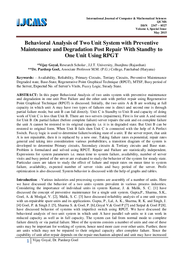 (PDF) Behavioral Analysis of Two Unit System with Preventive ...