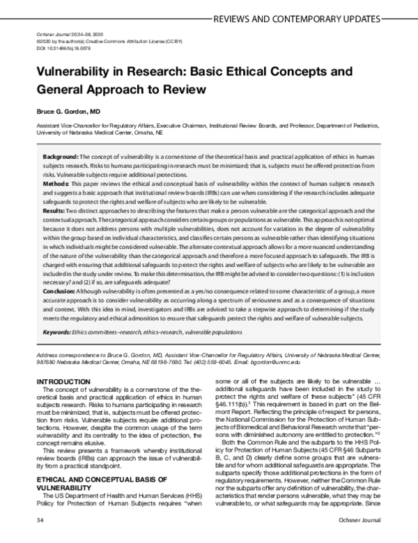 (PDF) Vulnerability in Research: Basic Ethical Concepts and General ...
