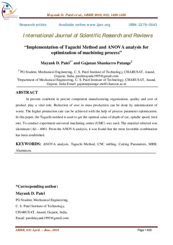 (PDF) “Implementation of Taguchi Method and ANOVA analysis for ...