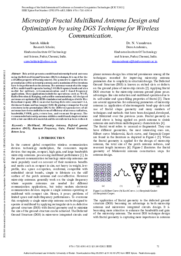 (PDF) Microstrip Fractal MultiBand Antenna Design and Optimization by